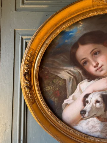少女と犬の肖像、セシル・ベルト・ラフォス作に倣った19世紀のパステル画 — 非常に良好