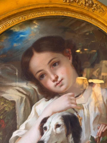 少女と犬の肖像、セシル・ベルト・ラフォス作に倣った19世紀のパステル画 — 非常に良好