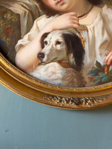 少女と犬の肖像、セシル・ベルト・ラフォス作に倣った19世紀のパステル画 — 非常に良好