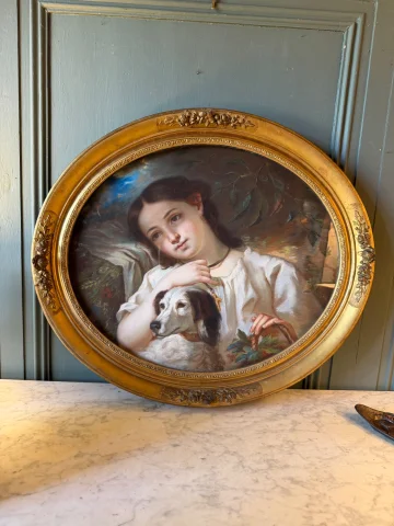 少女と犬の肖像、セシル・ベルト・ラフォス作に倣った19世紀のパステル画 — 非常に良好