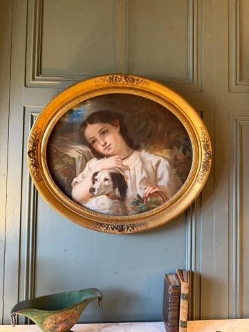 少女と犬の肖像、セシル・ベルト・ラフォス作に倣った19世紀のパステル画 — 非常に良好