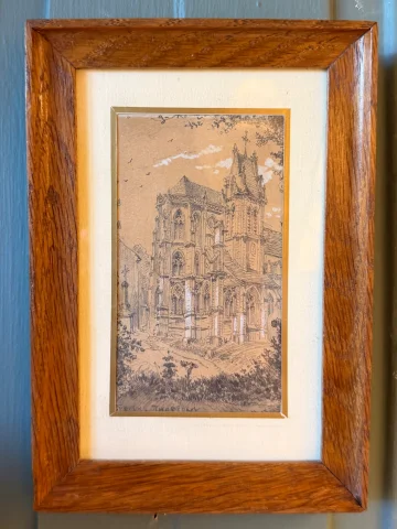 Iglesia de Saint-Sulpice-de-Favières, pareja de dibujos por Félix Thorigny — Muy buen estado