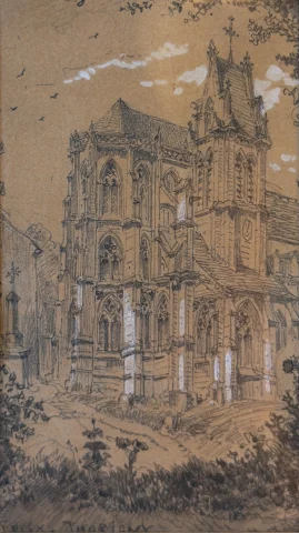 Iglesia de Saint-Sulpice-de-Favières, pareja de dibujos por Félix Thorigny — Muy buen estado