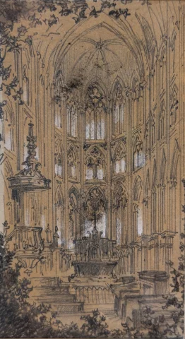 Iglesia de Saint-Sulpice-de-Favières, pareja de dibujos por Félix Thorigny — Muy buen estado