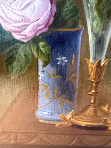 Cuadro de flores del siglo XIX, rosa y pensamientos — Muy buen estado