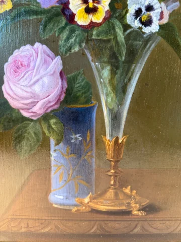 Cuadro de flores del siglo XIX, rosa y pensamientos — Muy buen estado