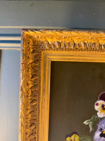 Cuadro de flores del siglo XIX, rosa y pensamientos — Muy buen estado