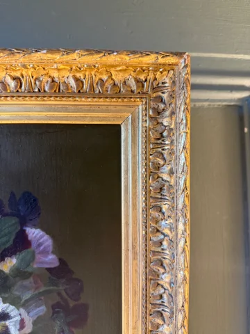 Cuadro de flores del siglo XIX, rosa y pensamientos — Muy buen estado