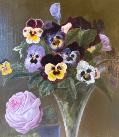 Cuadro de flores del siglo XIX, rosa y pensamientos — Muy buen estado