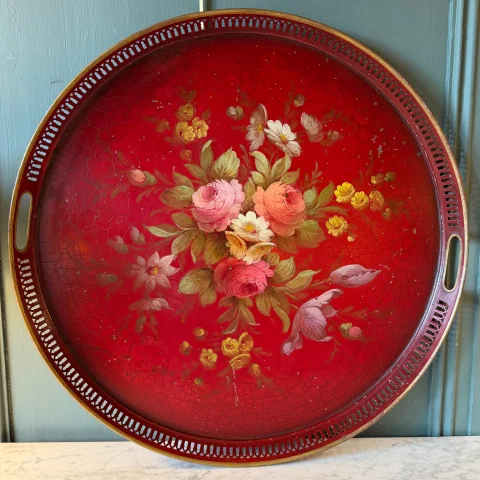 Groot dienblad in beschilderd blik, diameter 55 cm — Goede staat