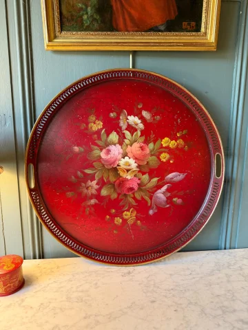 Groot dienblad in beschilderd blik, diameter 55 cm — Goede staat