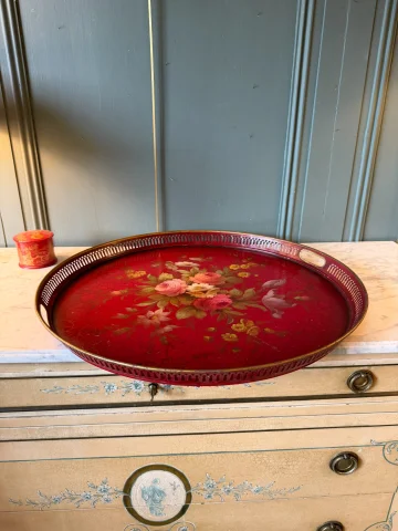 Groot dienblad in beschilderd blik, diameter 55 cm — Goede staat