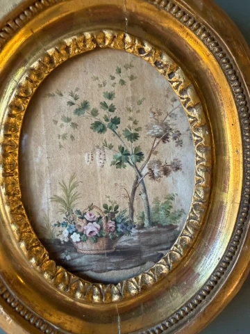 Kleines Medaillon-Aquarell, Bäume und Blumen, frühes 19. Jahrhundert — Guter Zustand