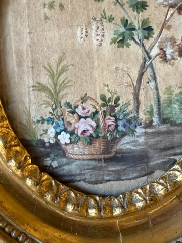 Kleines Medaillon-Aquarell, Bäume und Blumen, frühes 19. Jahrhundert — Guter Zustand