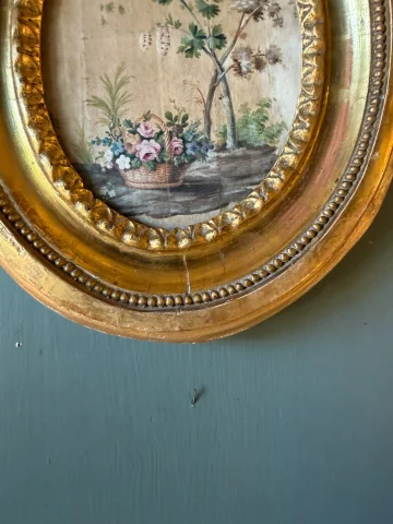 Kleines Medaillon-Aquarell, Bäume und Blumen, frühes 19. Jahrhundert — Guter Zustand