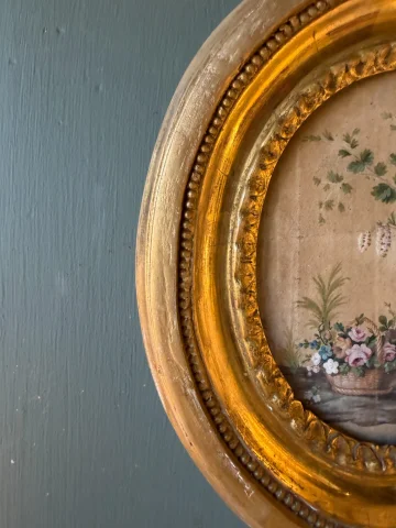 Kleines Medaillon-Aquarell, Bäume und Blumen, frühes 19. Jahrhundert — Guter Zustand
