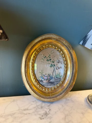Kleines Medaillon-Aquarell, Bäume und Blumen, frühes 19. Jahrhundert — Guter Zustand