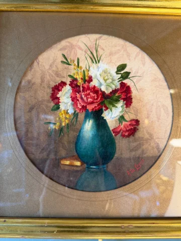 Blumenstrauß mit Nelken und Mimosen, Gouache — Sehr guter Zustand
