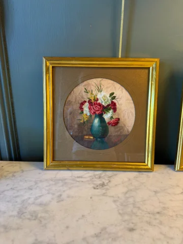 Blumenstrauß mit Nelken und Mimosen, Gouache — Sehr guter Zustand