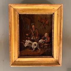 Piccolo dipinto del XIX secolo, scena di caccia con figure e cani