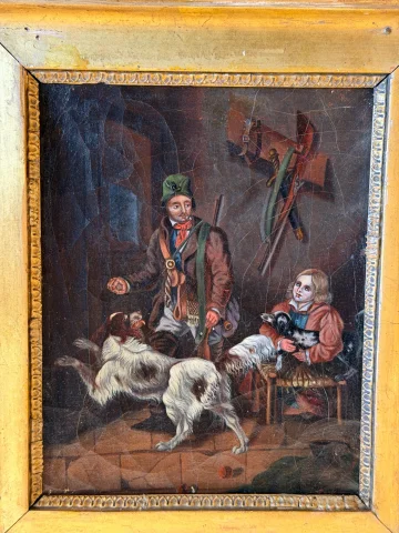 Piccolo dipinto del XIX secolo, scena di caccia con figure e cani — Buono stato