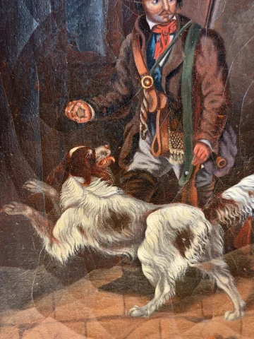 Piccolo dipinto del XIX secolo, scena di caccia con figure e cani — Buono stato
