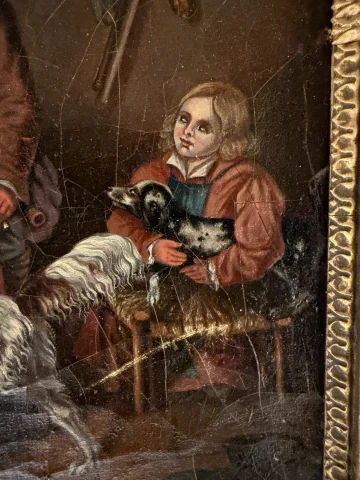 Piccolo dipinto del XIX secolo, scena di caccia con figure e cani — Buono stato