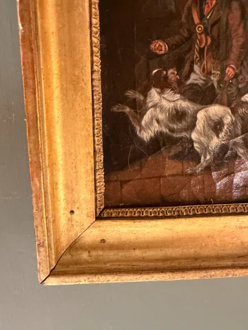 Piccolo dipinto del XIX secolo, scena di caccia con figure e cani — Buono stato