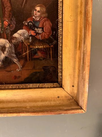 Piccolo dipinto del XIX secolo, scena di caccia con figure e cani — Buono stato