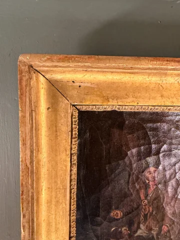 Piccolo dipinto del XIX secolo, scena di caccia con figure e cani — Buono stato