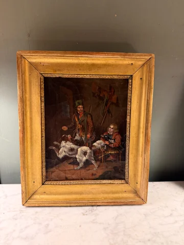 Piccolo dipinto del XIX secolo, scena di caccia con figure e cani — Buono stato