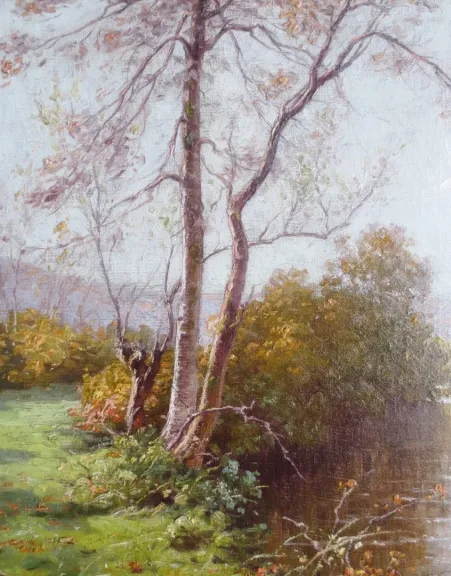 Paysage à l' étang, signé René His 1877-1960.