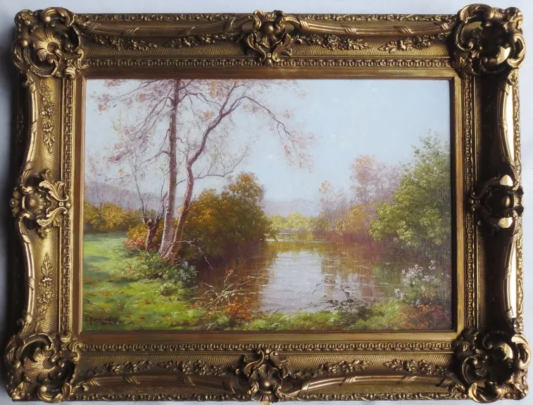 Paysage à l' étang, signé René His 1877-1960.