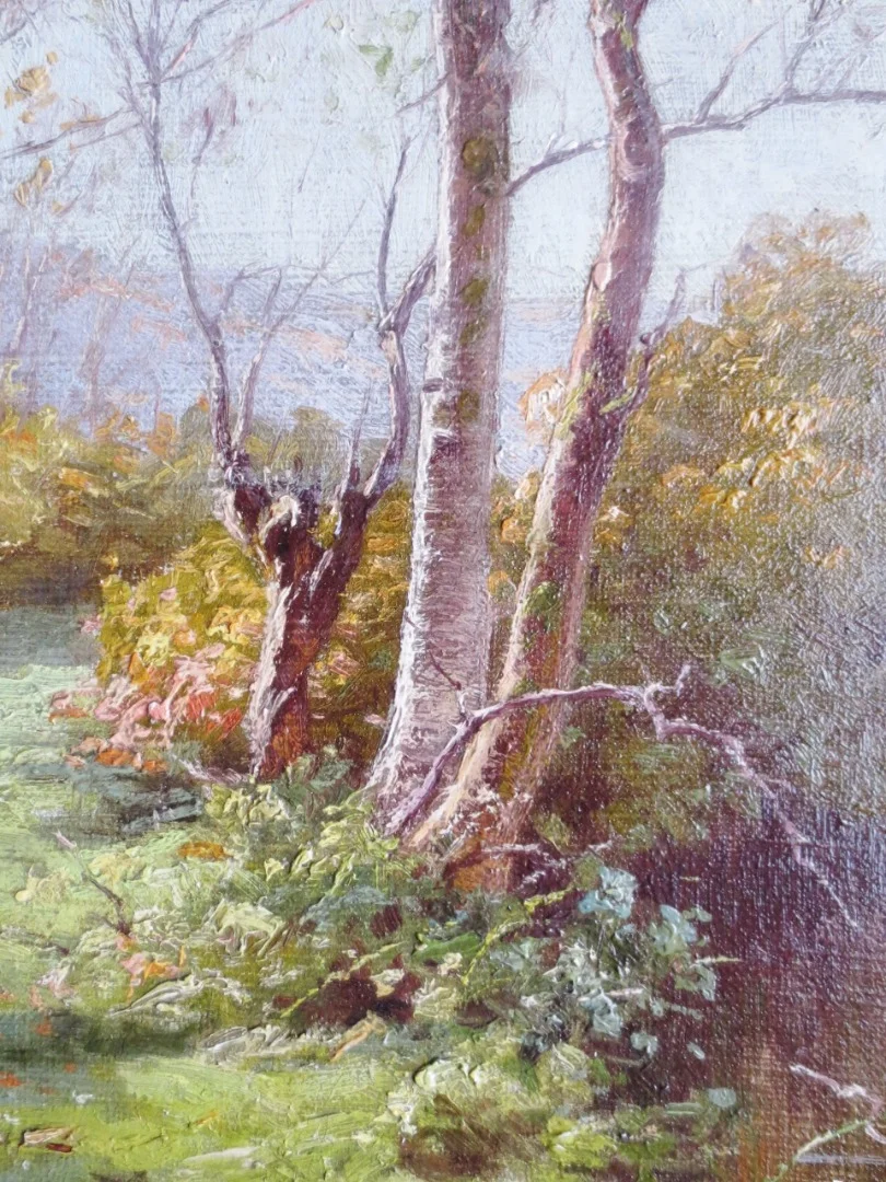 Paysage à l' étang, signé René His 1877-1960.