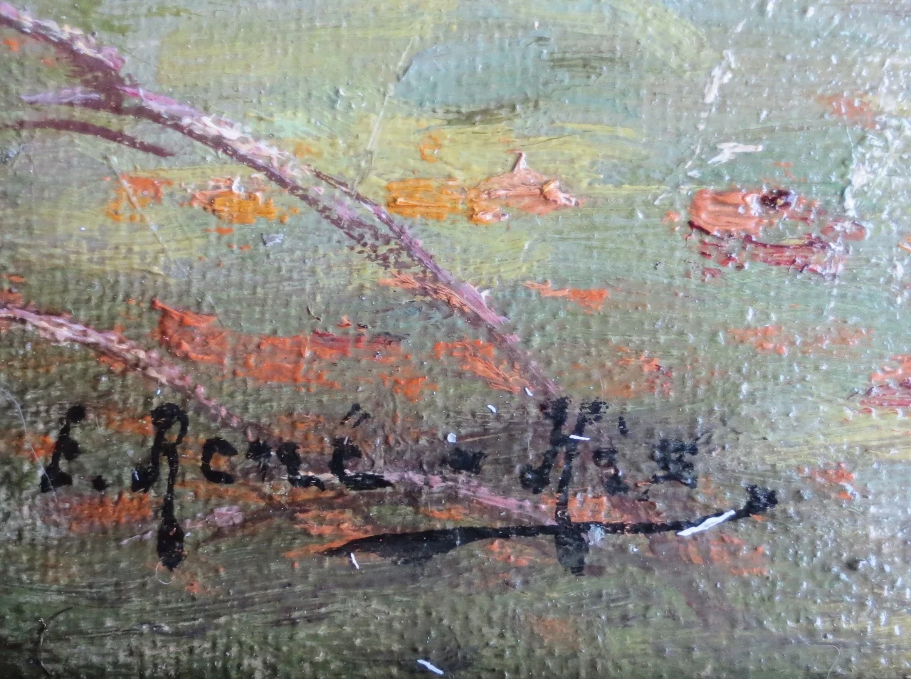 Paysage à l' étang, signé René His 1877-1960.