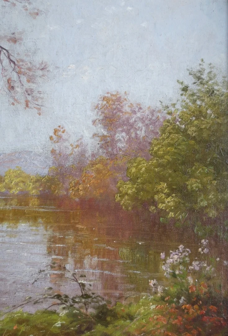 Paysage à l' étang, signé René His 1877-1960.
