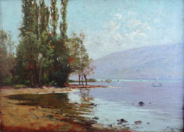 風景画（湖畔）　アルベール・リゴロ 1862-1932 署名入り — 良好な状態