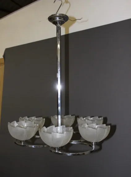 Lustre d'époque Art Déco en chrome et verre pressé