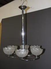 Lustre d'époque Art Déco en chrome et verre pressé