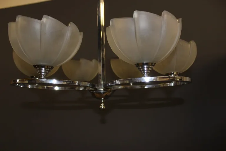 Lustre d'époque Art Déco en chrome et verre pressé