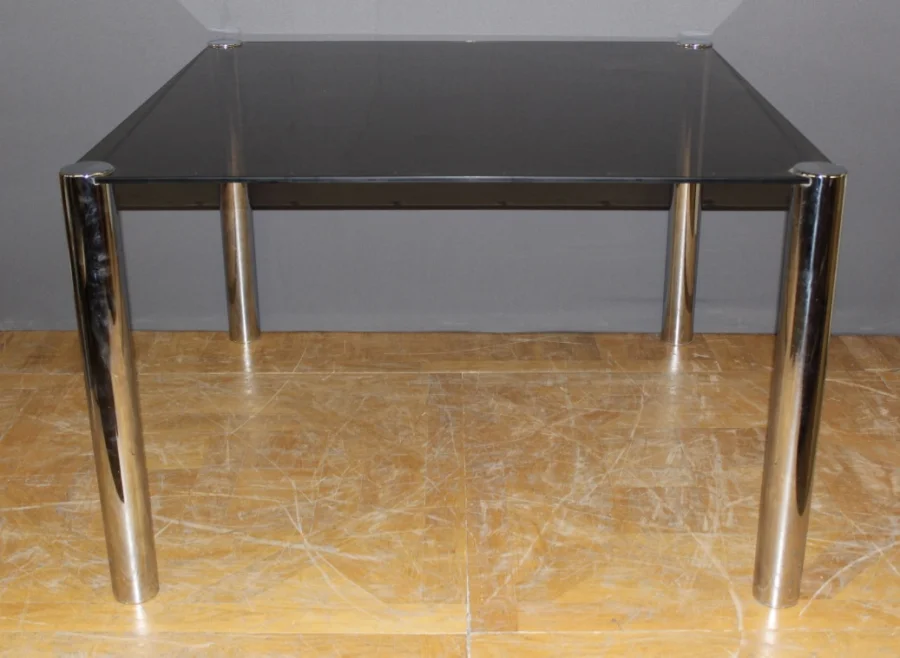 Table de salle à manger en chrome et verre fumé gris 1970