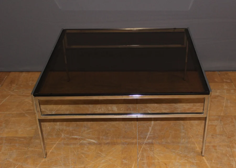 Coffee Table In Chrome And Smoked Glass Around 1970