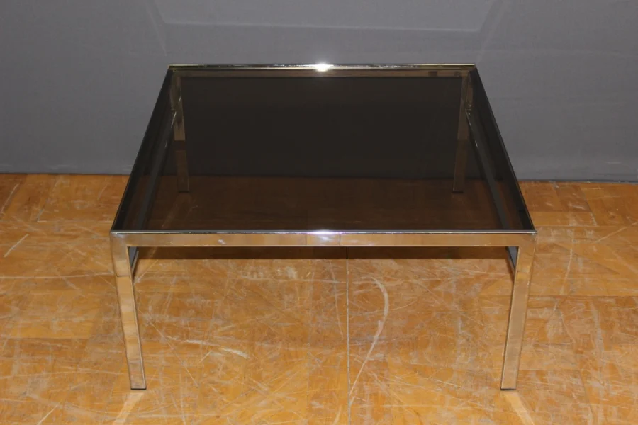 Coffee Table In Chrome And Smoked Glass Around 1970
