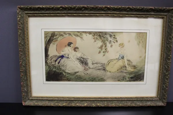 Ink And Watercolor Drawing Young Girls Playing Cards Around 1900