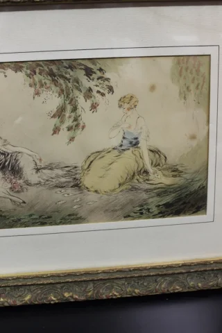 Dessin à l'Encre Et Aquarelle Jeunes Filles Jouant Au Cartes Vers 1900