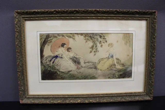 Dessin à l'Encre Et Aquarelle Jeunes Filles Jouant Au Cartes Vers 1900