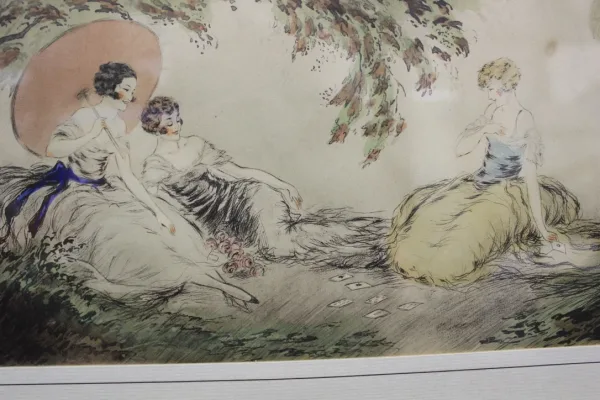 Ink And Watercolor Drawing Young Girls Playing Cards Around 1900