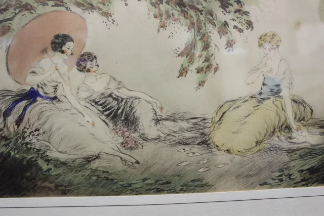 Dessin à l'Encre Et Aquarelle Jeunes Filles Jouant Au Cartes Vers 1900