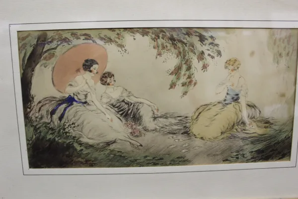Ink And Watercolor Drawing Young Girls Playing Cards Around 1900