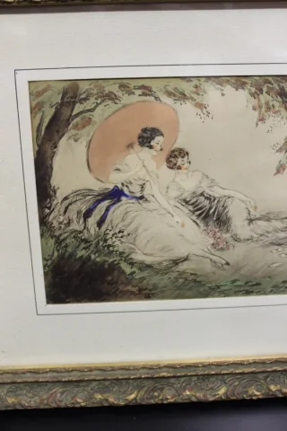 Dessin à l'Encre Et Aquarelle Jeunes Filles Jouant Au Cartes Vers 1900